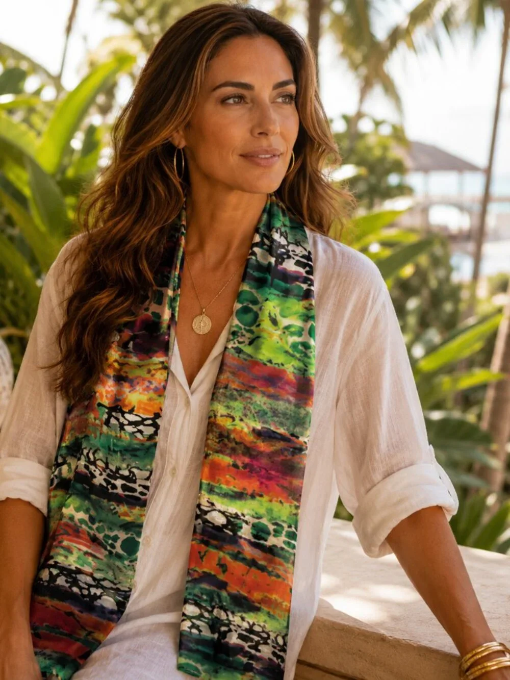 EVOLVE Multicolor Abstract Silky Scarf Tropical Art Print Wrap